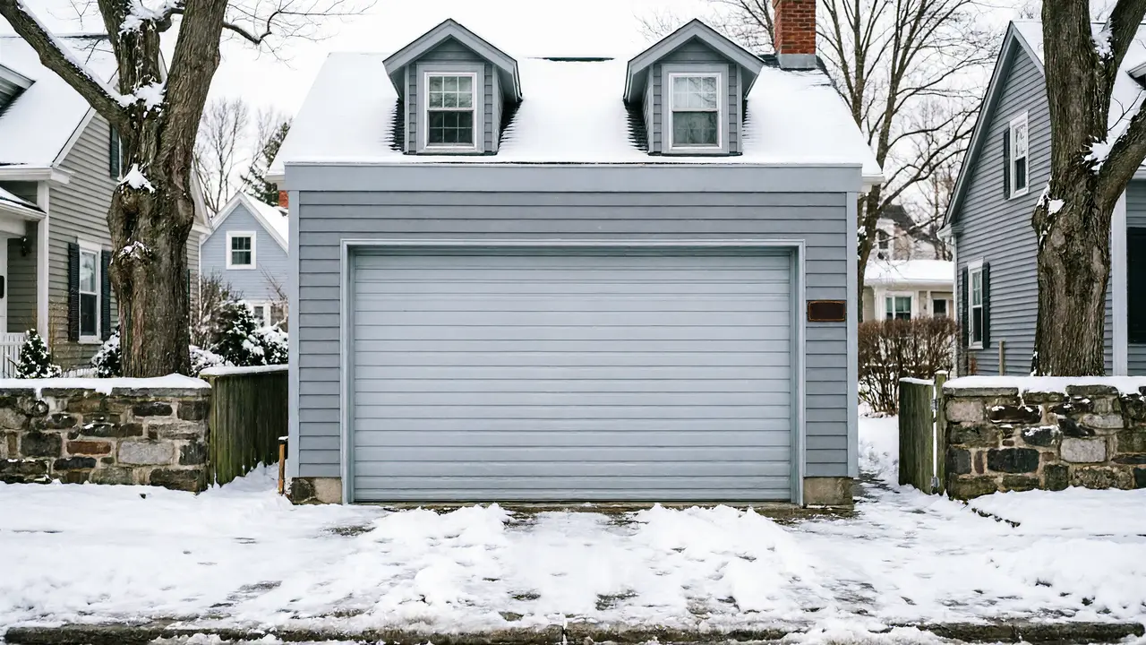 A gray garage with two dormer windows and a closed garage door in winter.