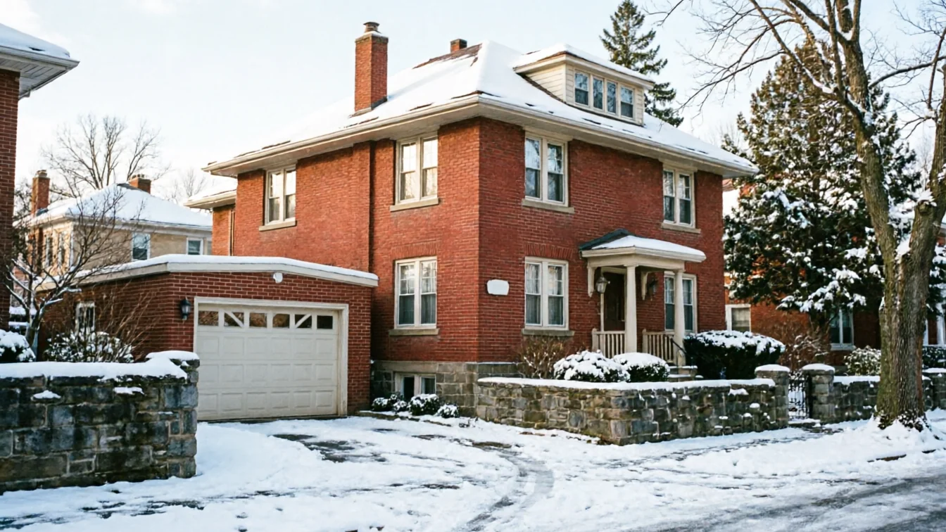 A red brick house with a white garage door and snow on the ground.