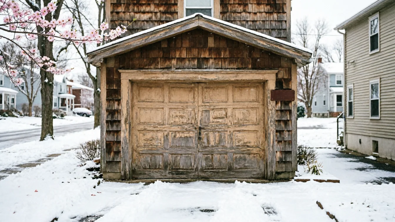 A weathered wooden garage door with peeling paint on a snowy day.