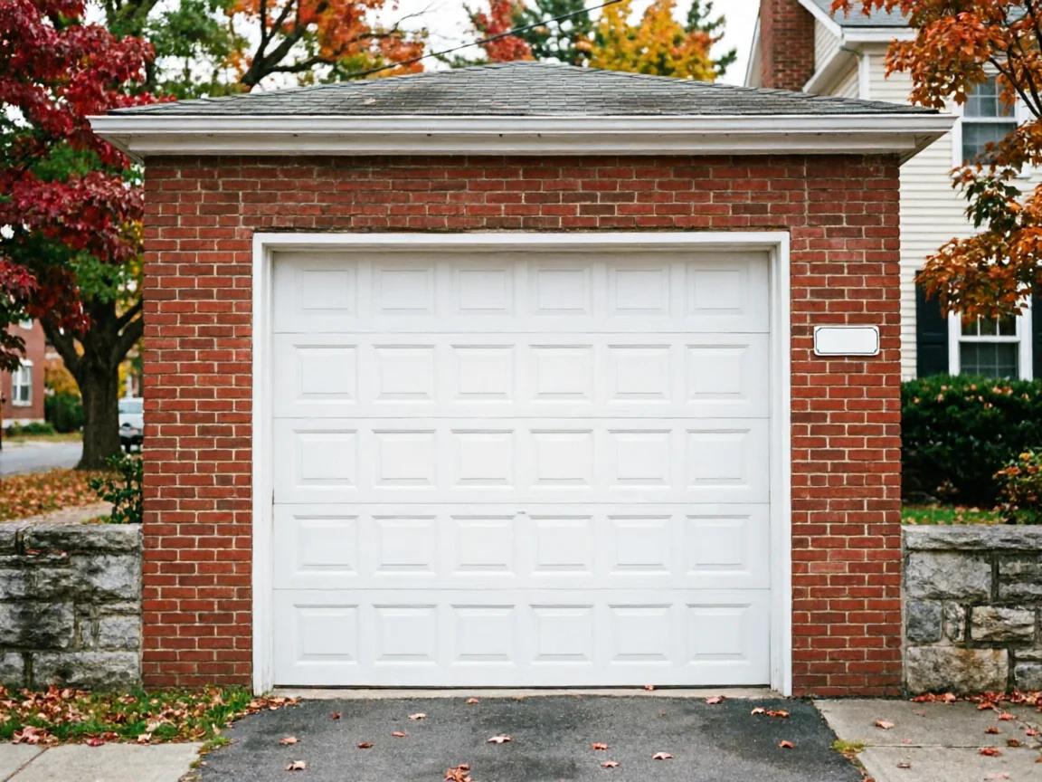 A white paneled garage door is set in a red brick garage.