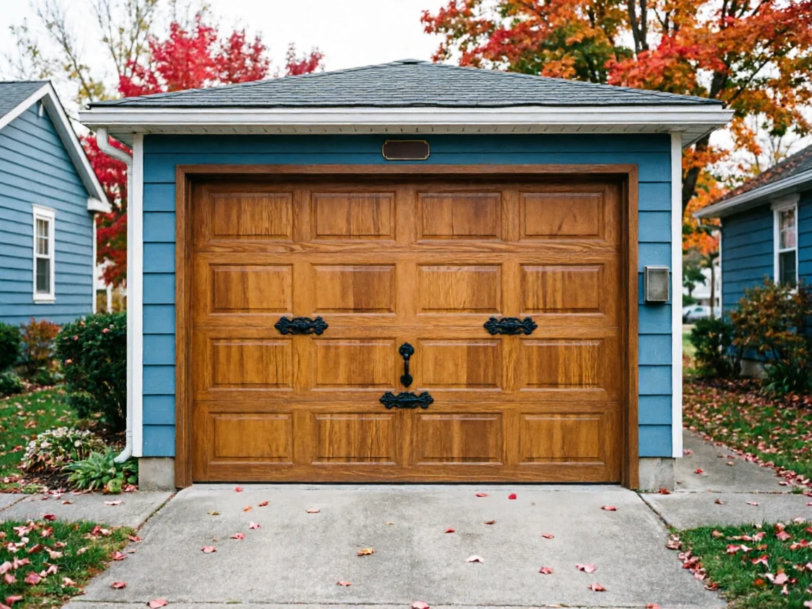 A brown wooden garage door with decorative black hardware on a blue garage.